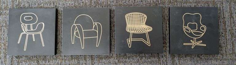 Set of Four Wall Art Pieces with Iconic Chair Designs, Each Piece is 8" x 8"