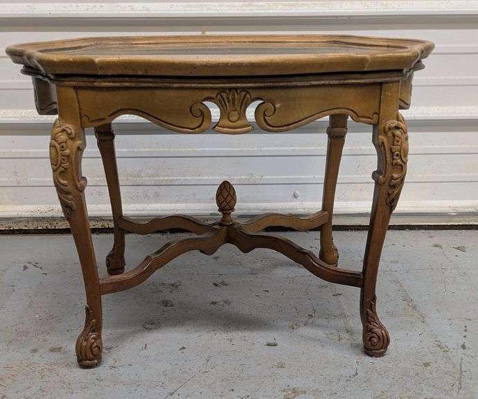 Vintage Wood Side Table with Ornate Carvings and Removable Glass Top, 27"L x 20"W x18"H