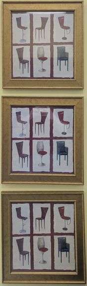 Set of Three Framed Wall Art Pieces with Chairs and Wine Glasses