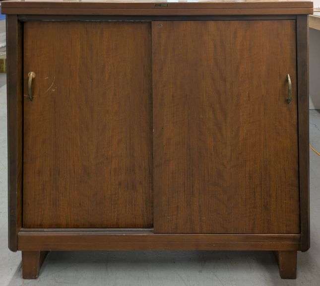 Vintage Wood Cabinet with Sliding Doors, 44" x 15" x 42"