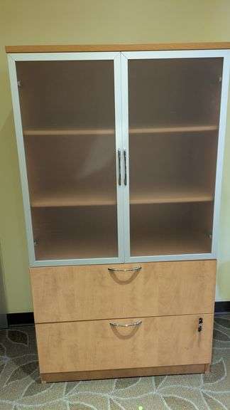 Freestanding Storage Cabinet with Frosted Glass and Wood Design, 36" x 20" x 66"
