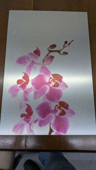Metal Art Print of Pink Orchids on Silver-Toned Background