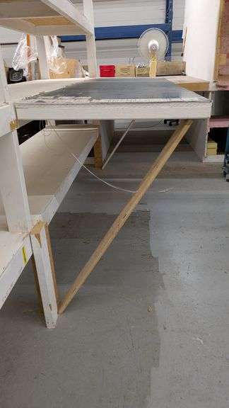 Large Industrial Wooden Shelving Unit, with Collapsible Work Table, 16' x 2' x 6.5'