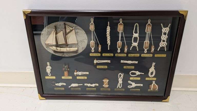 Framed Nautical Display with Rope Knots and Model Ship