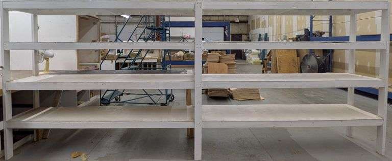 Large Industrial Wooden Shelving Unit, with Collapsible Work Table, 16' x 2' x 6.5'