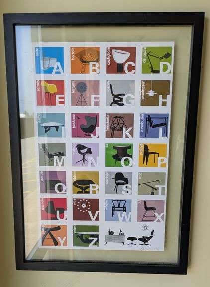 Framed Poster of Iconic Furniture Designs Illustrated Alphabet, 15"L x 21"H