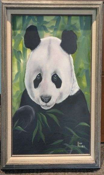 Framed Oil Painting of Panda in Bamboo Forest by John Powell, 23" x 29"