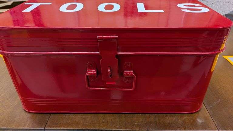 Red Metal Toolbox with TOOLS Inscription