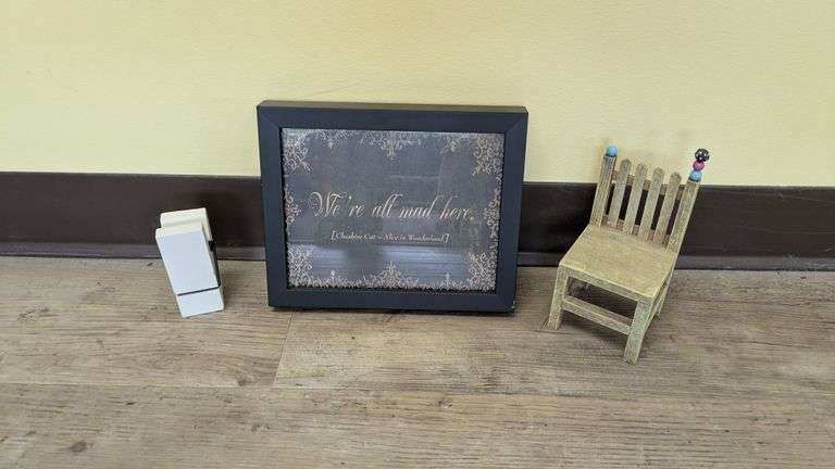 Decorative Items Set: Cheshire Cat Framed Print, Miniature Wooden Chair, and Decorative Block