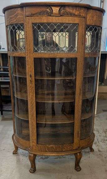 Vintage Wood Curio Cabinet with Curved Glass, 41"L x 19"W x 65"H