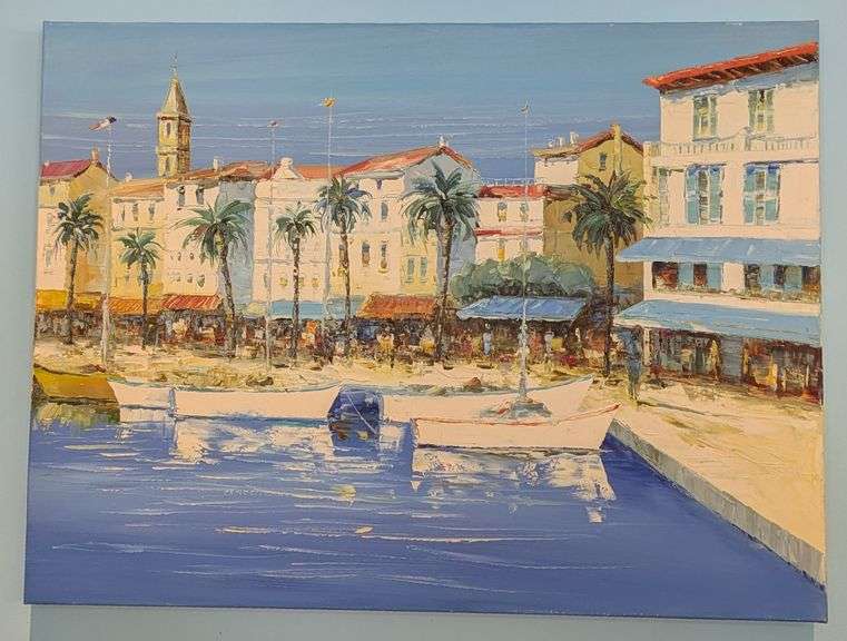 Vibrant Harbor Scene Oil Painting