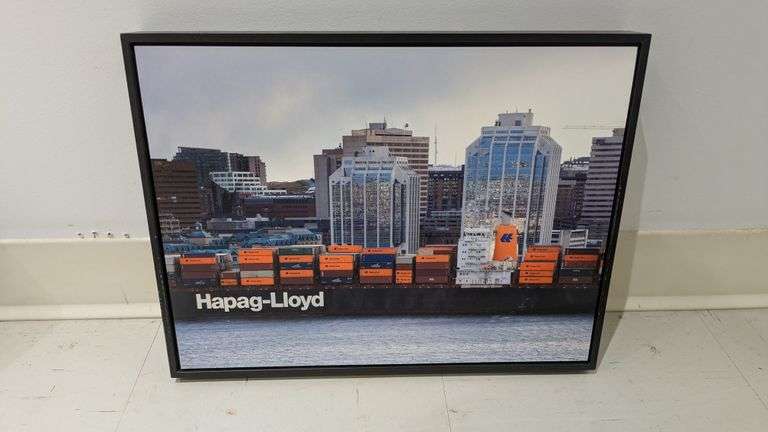 Framed Photographic Print of City Skyline and Cargo Containers