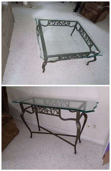 Metal base glass top coffee table and matching sofa / Hall table