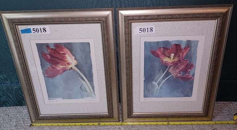 Pair of framed signed flower prints