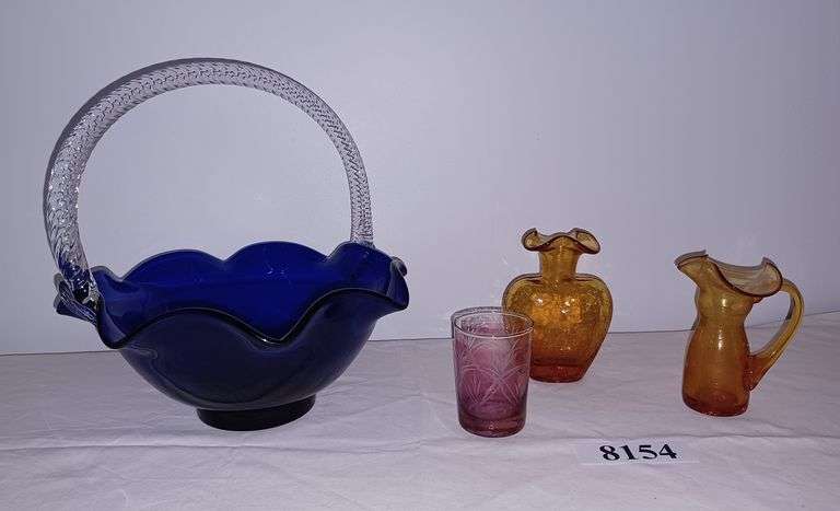 Large cobalt glass basket with clear handle, 2 Amber crackle glass vases, Pink cut to clear glass