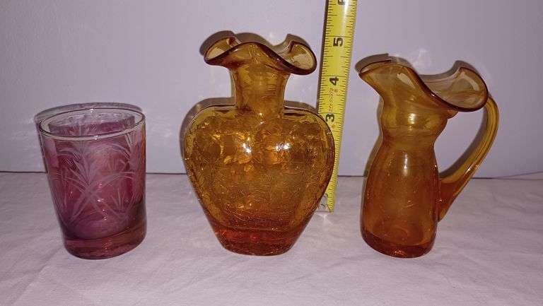 Large cobalt glass basket with clear handle, 2 Amber crackle glass vases, Pink cut to clear glass