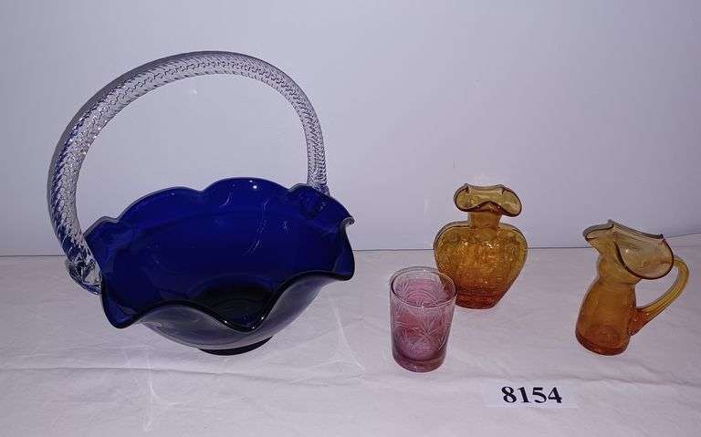 Large cobalt glass basket with clear handle, 2 Amber crackle glass vases, Pink cut to clear glass