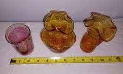 Large cobalt glass basket with clear handle, 2 Amber crackle glass vases, Pink cut to clear glass