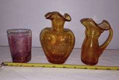 Large cobalt glass basket with clear handle, 2 Amber crackle glass vases, Pink cut to clear glass