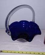 Large cobalt glass basket with clear handle, 2 Amber crackle glass vases, Pink cut to clear glass