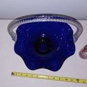 Large cobalt glass basket with clear handle, 2 Amber crackle glass vases, Pink cut to clear glass