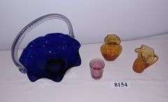 Large cobalt glass basket with clear handle, 2 Amber crackle glass vases, Pink cut to clear glass