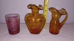 Large cobalt glass basket with clear handle, 2 Amber crackle glass vases, Pink cut to clear glass