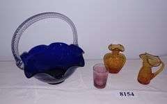 Large cobalt glass basket with clear handle, 2 Amber crackle glass vases, Pink cut to clear glass