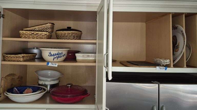 Bowls, baking dishes, enamel pan, platters, cutting board, Etc