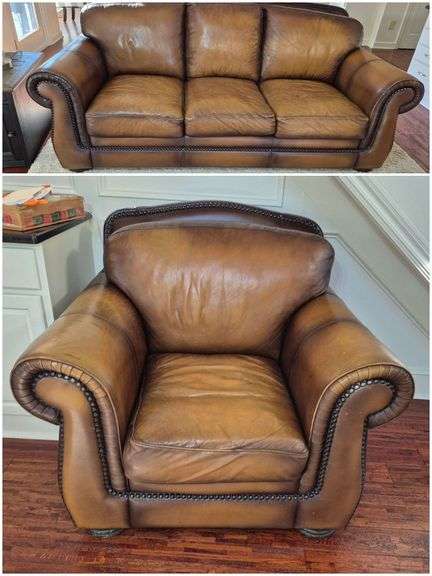 Havertys brown leather sofa and matching armchair