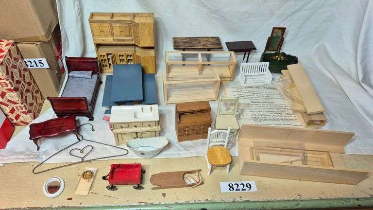 View of Doll house furniture, store counters and displays, cabinet, accessories ...