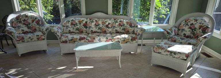Wicker furniture set including sofa, armchair, rocking chair, ottoman, coffee table, end table