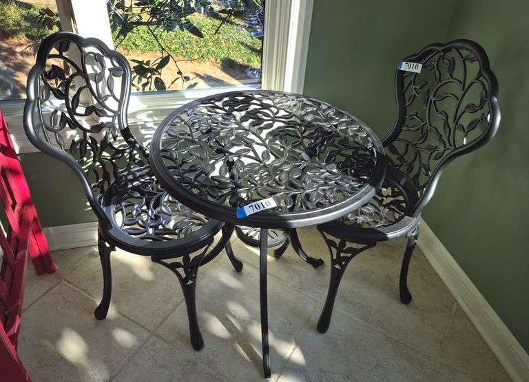 Black aluminum outdoor cafe table and two chairs, small black metal outdoor table missing glass top