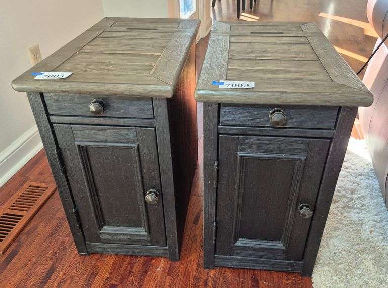 Pair of end tables / nightstands with power strips and USB chargers in rear