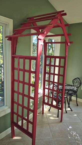 Red wood garden trellis