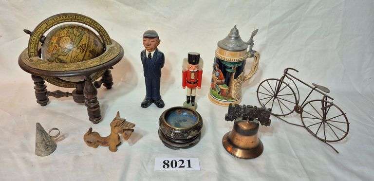 Small globe, small German stein, metal Liberty bell, small cloisonne bowl with pedestal, Etc