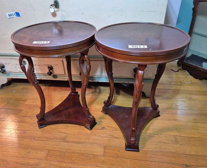Pair of Bombay company round Swan leg plant stands/side tables
