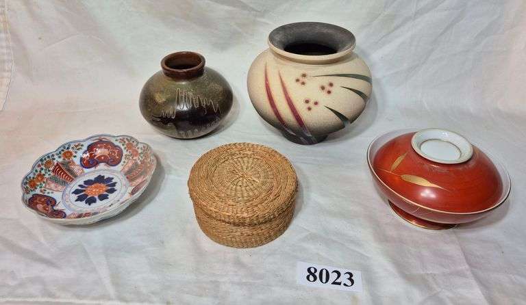 Studio pottery vase, Peru vase, sewing basket, Asian bowls