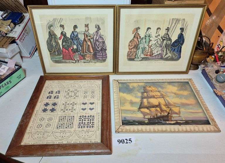 Pair of framed Godey's fashion prints, framed cut paper wall hanging, framed ship print