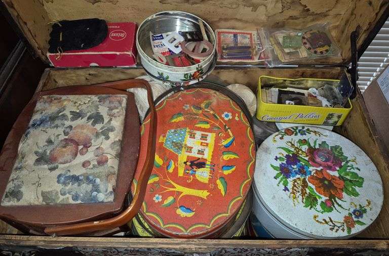 Sewing supplies, thread, buttons, vintage tins, Etc