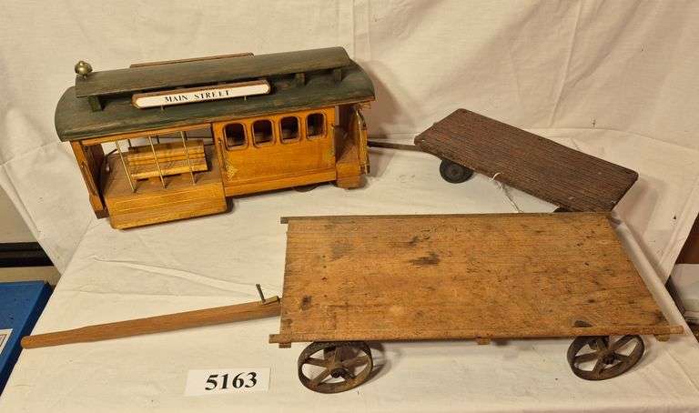 Vintage toy wood and metal Farm wagons, wood trolley / cable car model ...