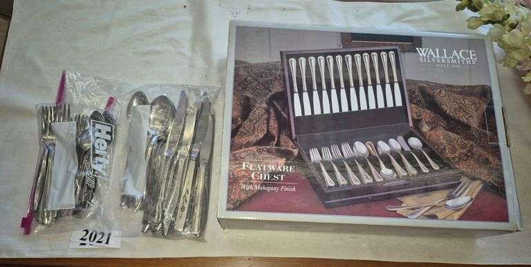 Wallace Silversmiths flatware chest new in box, misc. Stainless flatware