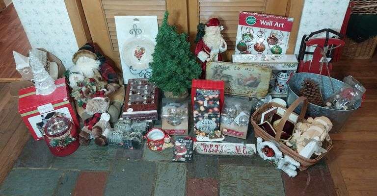 Christmas decorations including Mercury string lights, Santas, hand soap collection, small artificia