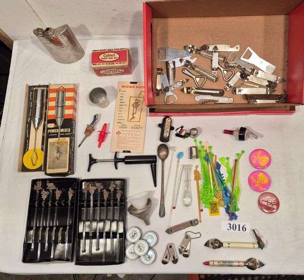 Bar items including can and bottle openers, glass and plastic Swizzle sticks, flask, power mixer, Et