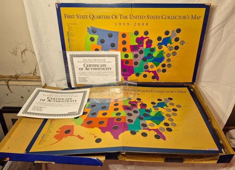 Quarter Map Program Two partially filled state quarter Maps - Mark Van Hook, Auctioneer