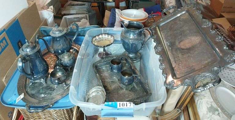 Silver plate trays, coffee pots, pitcher, creamers and sugars, compote, Etc