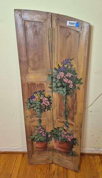 Hand painted wall hanging made from antique bifold cabinet door