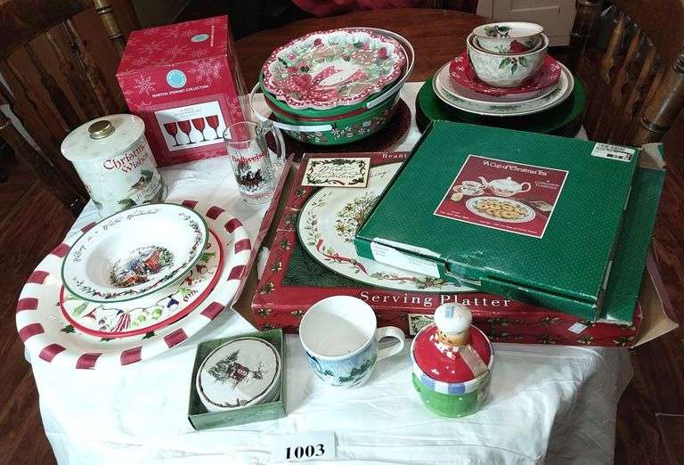 Christmas ceramic and glass platters, bowls and mugs, coasters, plastic containers, tin canister, Ma