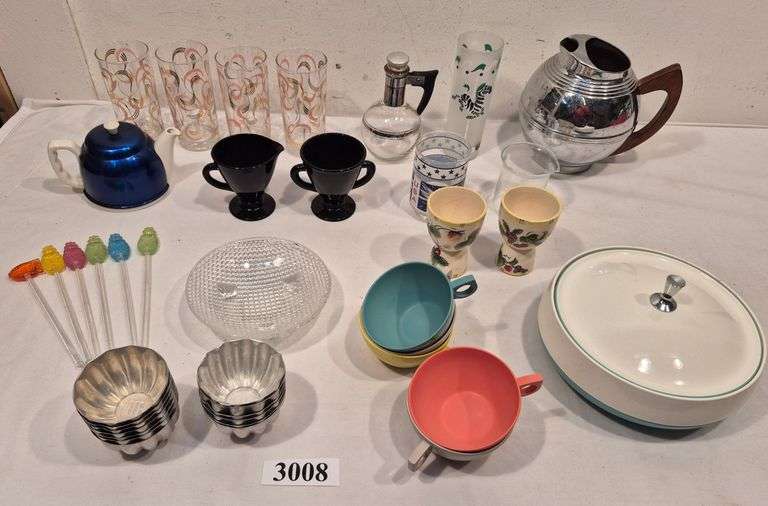 Mid-century drinking glasses, Chrome water pitcher, plastic cups and covered dish, Apollo glass, ame
