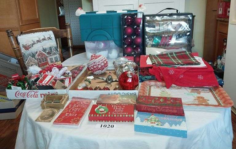 Christmas ornaments, linens, ribbon, decor, etc